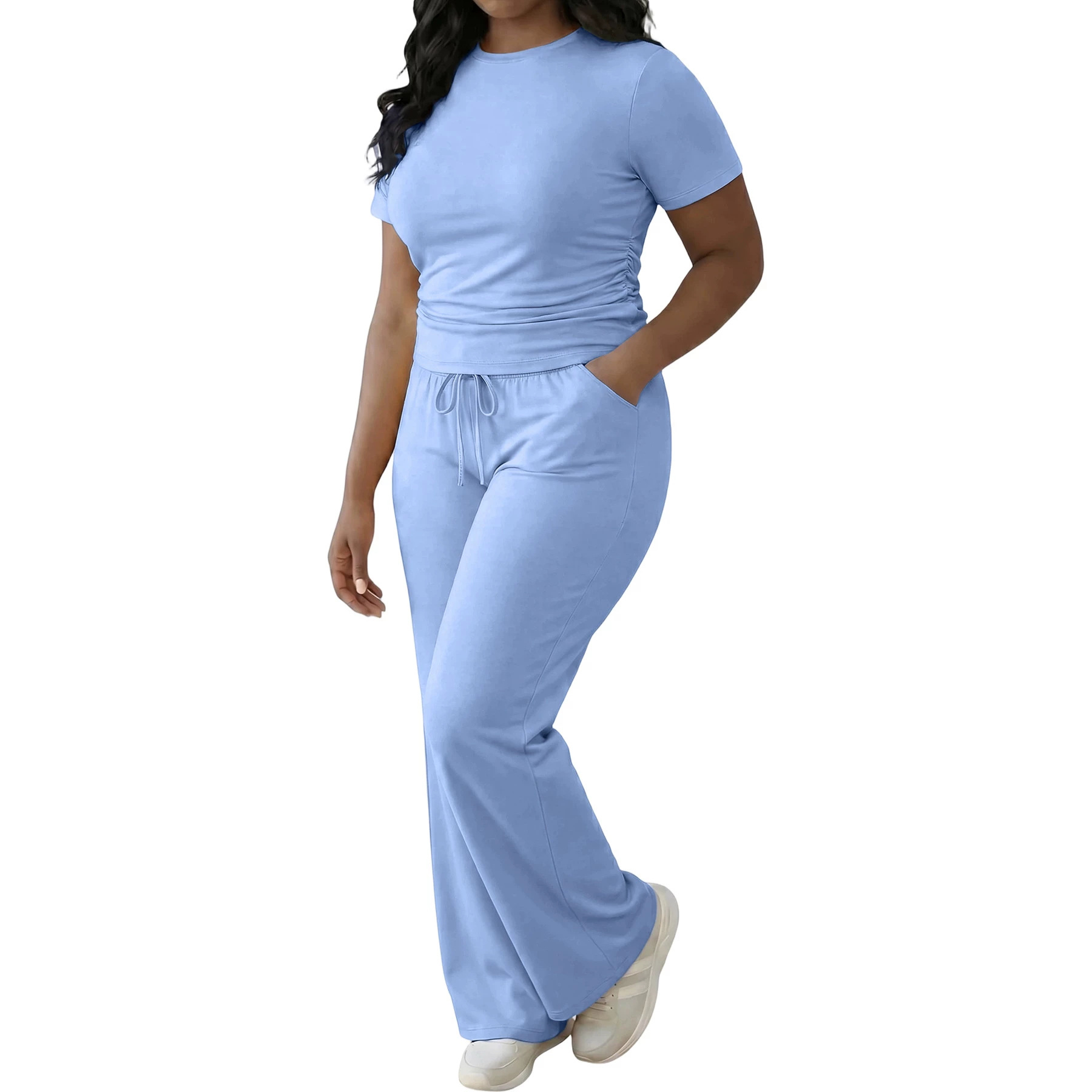 Womens Solid-color Top And Pants Set 5