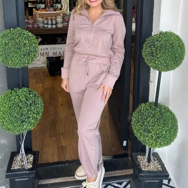 Loose Zip Long Sleeve Polo Collar Jumpsuit Women Pink - Shop at LoveMi