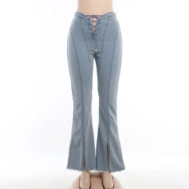 Women's High Waist Lace up Cutout Split Jeans Blue - Shop at LoveMi