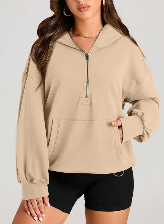 Solid Color Long Sleeve Hooded Zipper Sweatshirt Beige - Shop at LoveMi