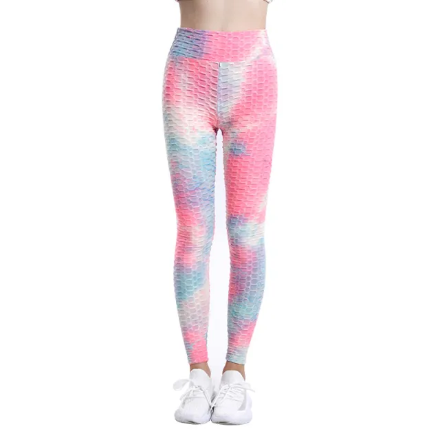 High Waist Workout Bubble Tie dye Yoga Pants Pink Blue - Shop at LoveMi