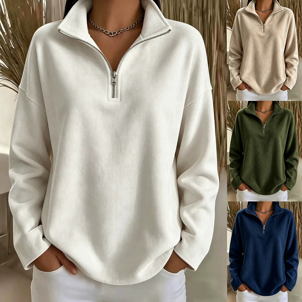 Womens Solid-color Mock-neck Zip-up Suede-fleece Long-sleeve Pullover Hoodie