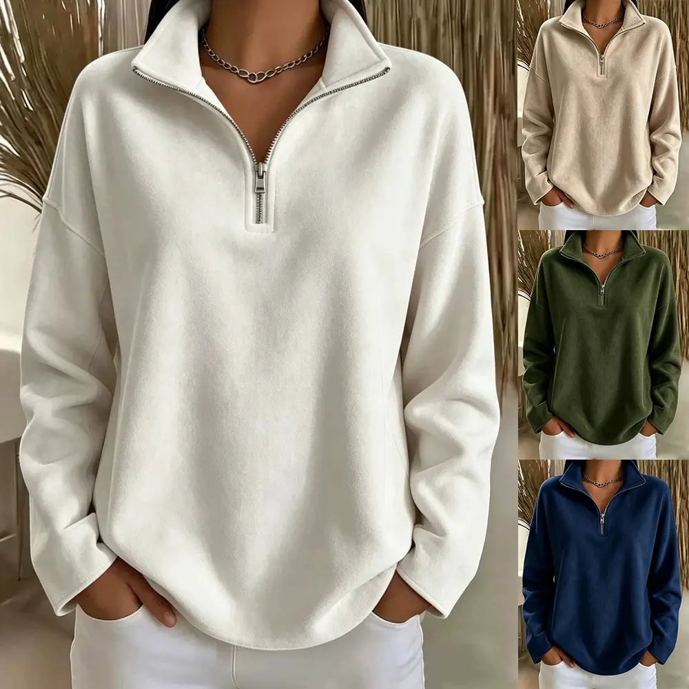Womens Solid-color Mock-neck Zip-up Suede-fleece Long-sleeve Pullover
