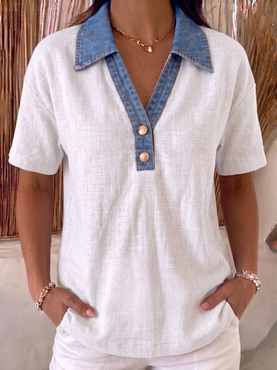 Women's Denim-Trimmed Linen Cotton Contrast Shirt – front view in Navy Blue