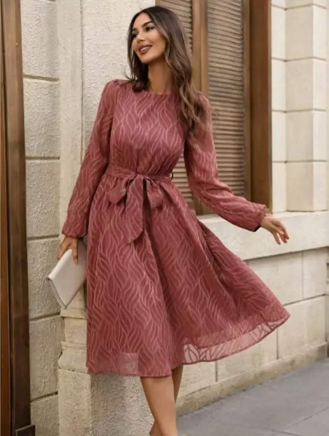 Elegant And Simple Fashion Jacquard Belt Dress Carmine - Shop at LoveMi