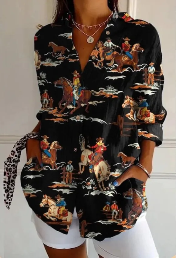 Fashion Shirt Printing Lapel Long Sleeve Women Xjq6914Rt M - Shop at LoveMi