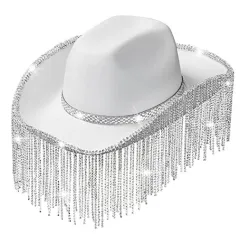 Bridal Party Rhinestone Tassel Western Denim Hat - White - View 1