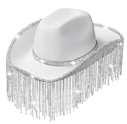 Bridal Party Rhinestone Tassel Western Denim Hat White - Shop at LoveMi