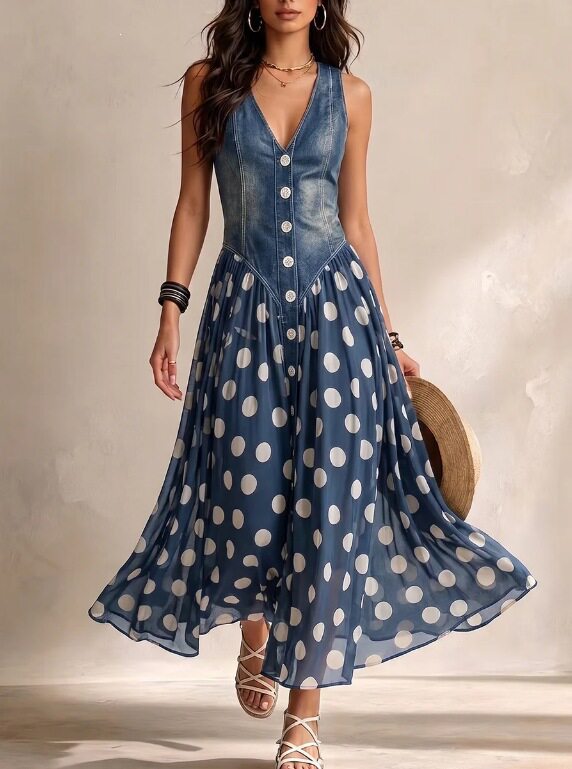 Casual Printed Denim-look Top With A Polka-dot Dress
