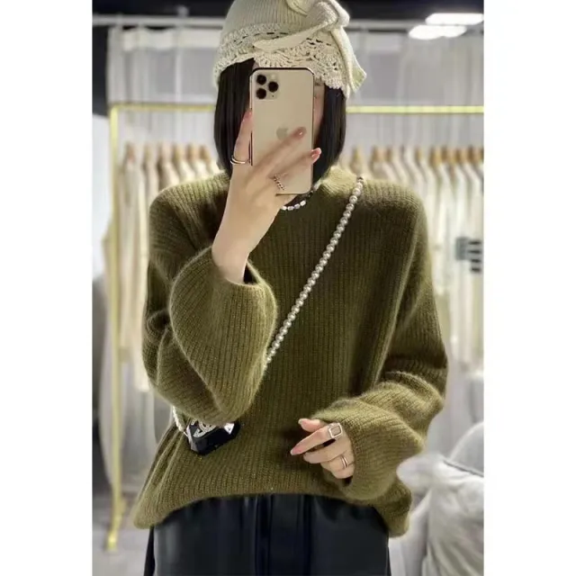 Round Neck Lantern Sleeve Knitted Sweater Lazy Style Green - Shop at LoveMi