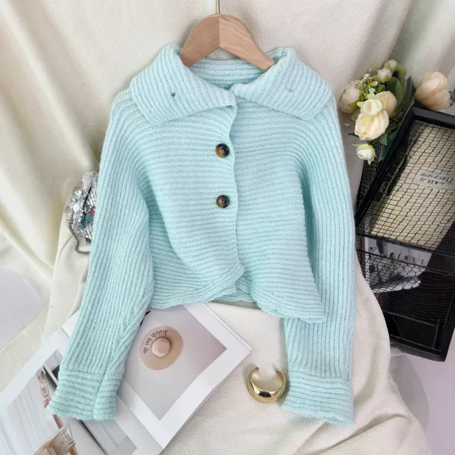 Knitted Cardigan Lapel Single Breasted Casual Irregular Women's Sweater Jacket Blue - Shop at LoveMi