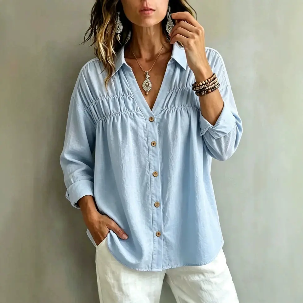 Loose-fit Casual Long-sleeve V-neck Womens Blouse