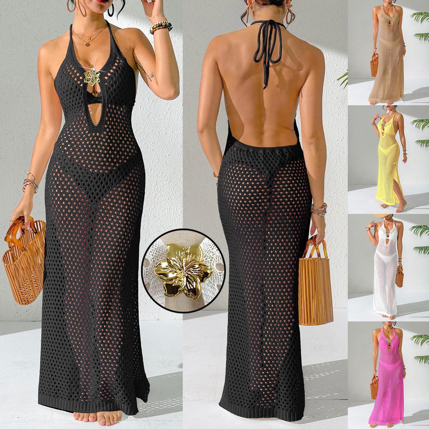 Halter-neck Strap Knitted Dress With Metal Flower Embellishments