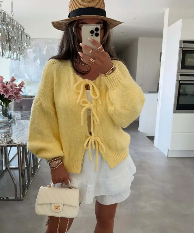 Casual Knitted Bow Lace Up Cardigan Women Solid O neck Short Sleeve Hollow Out Sweater Female Autumn Lady Solid Streetwear Yellow - Shop at LoveMi