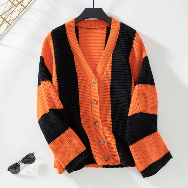 Contrast Color Striped Women's Sweater Cardigan Loose Sweater Red - Shop at LoveMi