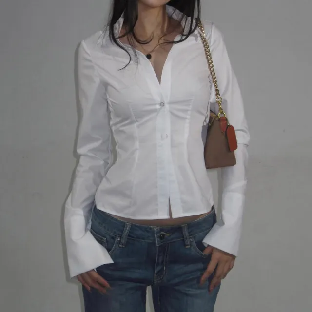 Women's Fashion Simple Slim Fit Lapel Breasted Solid Color Shirt White - Shop at LoveMi