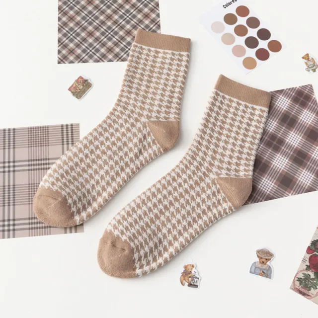 Female Female Middle Tube Cartoon Extra Thick Warm keeping Socks Khaki Houndstooth - Shop at LoveMi