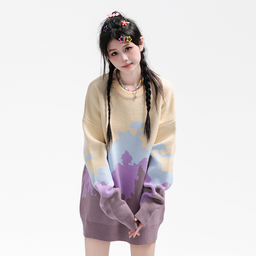 Color Contrast Patchwork Round Neck Sweater Men And Women Bf Idle Style