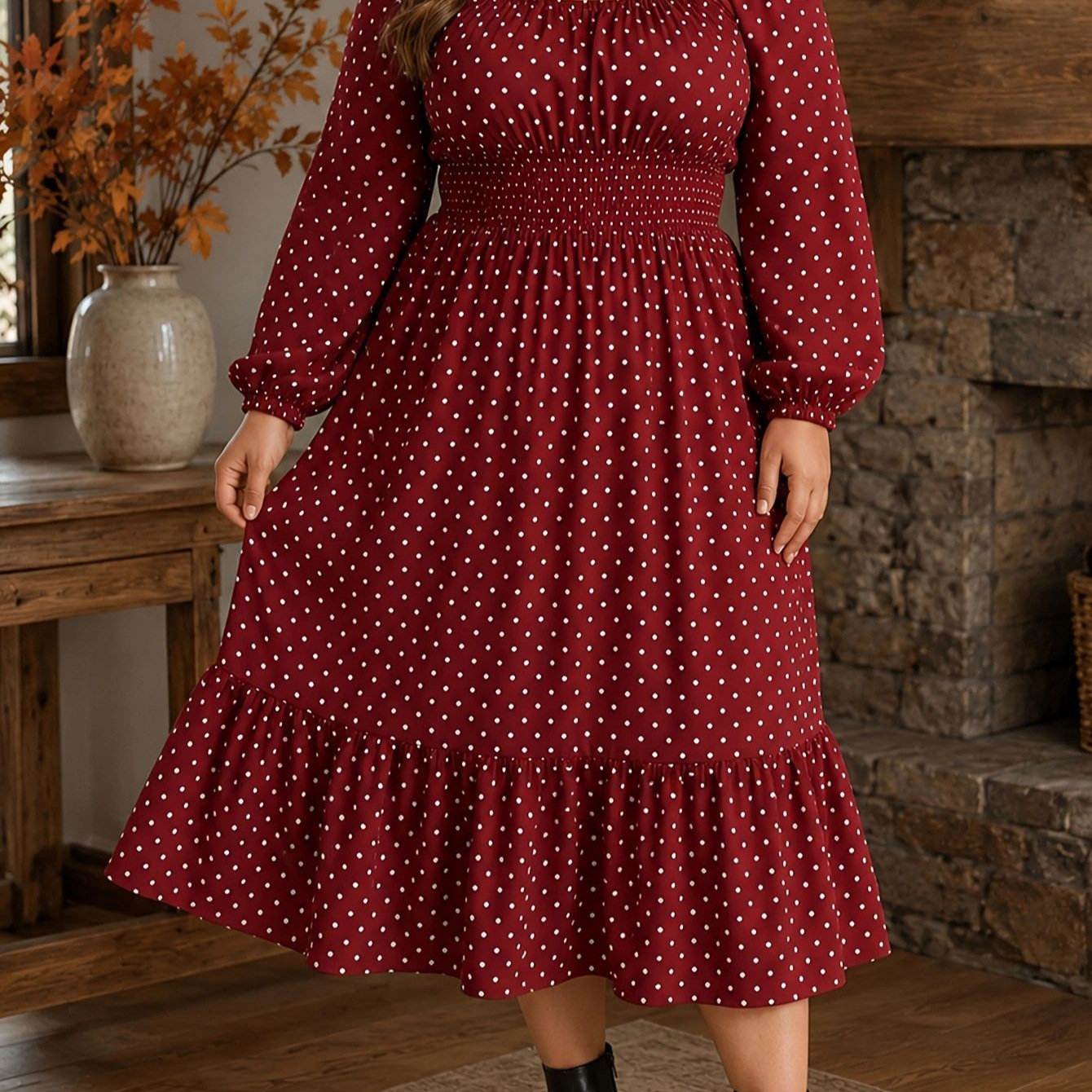 Polka-dot Plus-size Womens Dress Puff-sleeve Boat-neck Dress For Curvy Figures
