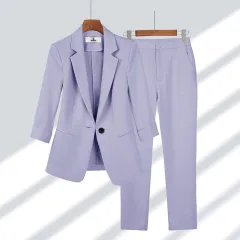 Casual Blazer Set Solid Colour Lapel Single-breasted Jacket And Zipper Straight Pants Women's Office Business Suit - Purple Outfit Top Pants - View 1