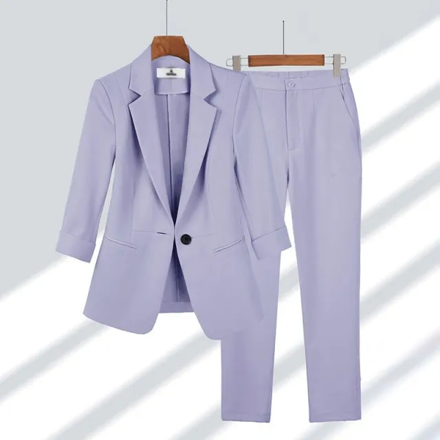 Casual Blazer Set Solid Color Lapel Single breasted Jacket And Zipper Straight Pants Women's Office Business Suit Purple Outfit Top Pants - Shop at LoveMi