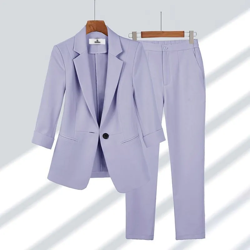 Casual Blazer Set Solid Color Lapel Single-breasted Jacket And Zipper Straight Pants Women's Office Business Suit - Purple