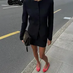 Women's Clothing Graceful Suit Jacket Mid-length Dress Set - Black - View 1