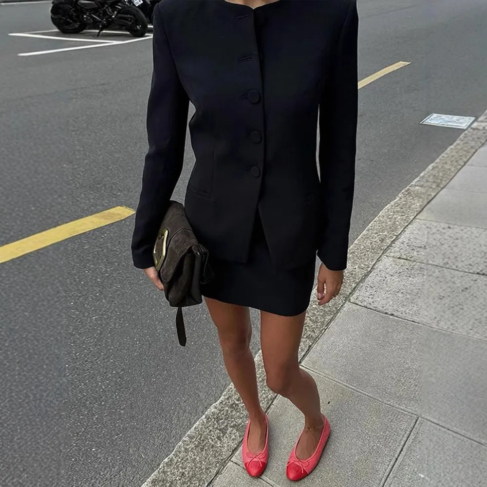 Women's Clothing Graceful Suit Jacket Mid-length Dress Set - Black