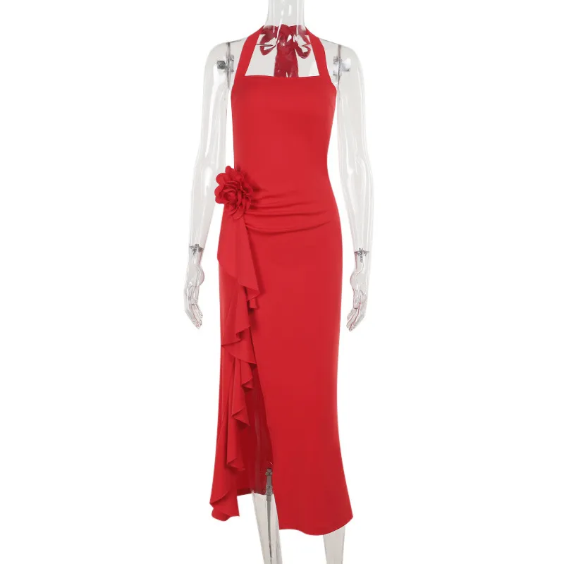 Elegant Slim Three-dimensional Flower Split Dress - Red