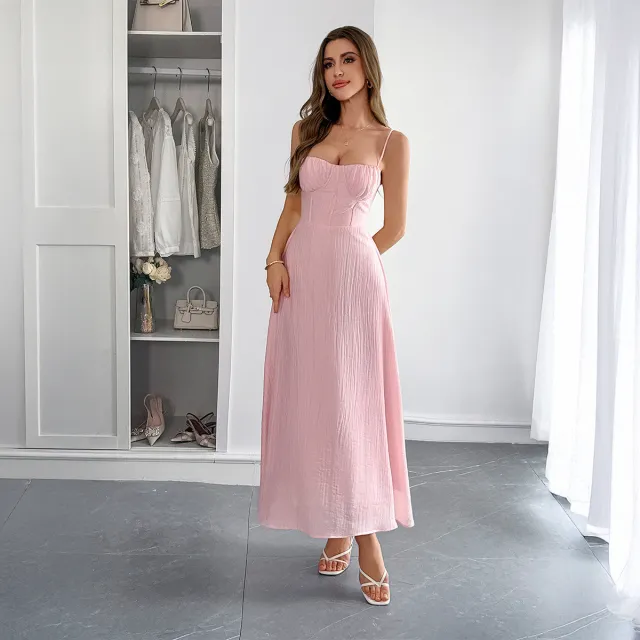 French Elegant Small Sling Solid Color Senior Dress Women Pink - Shop at LoveMi