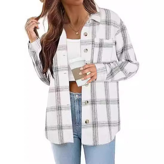 Fashionable Jacket Women's Brushed Woolen Jacket Plaid White - Shop at LoveMi
