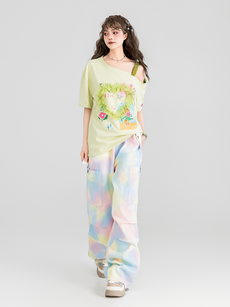 Rainbow Color Cargo Jeans Women's Thin