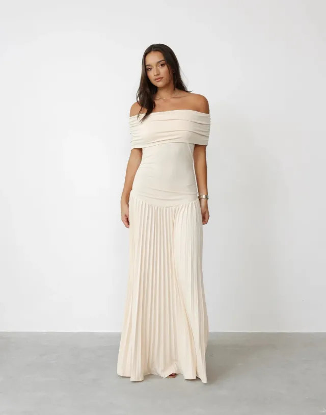 Off shoulder Pleated New Versatile Dress Apricot - Shop at LoveMi
