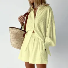 Women's European And American Shirt Jacquard Puff Sleeve Elegant Top Shorts Commuter Design Casual Suit - Yellow - View 1