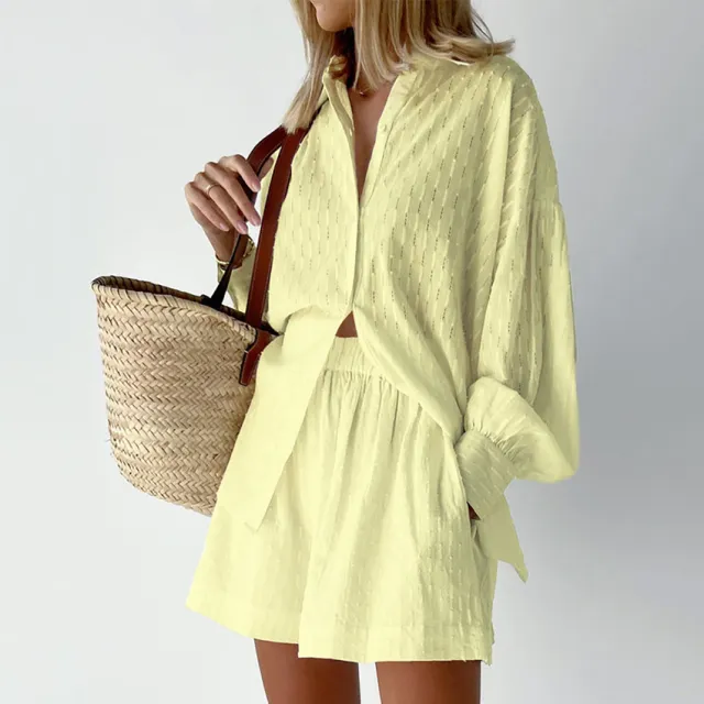 Women's European And American Shirt Jacquard Puff Sleeve Elegant Top Shorts Commuter Design Casual Suit Yellow - Shop at LoveMi