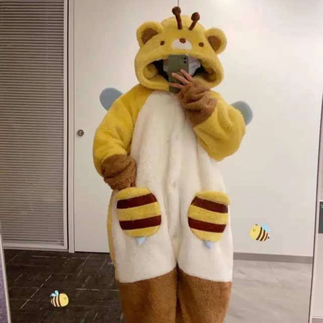 Cute Cartoon Little Bee Bear Coral Velvet Pajamas Female Winter Thick Night robe Bee Bear Nightgown - Shop at LoveMi
