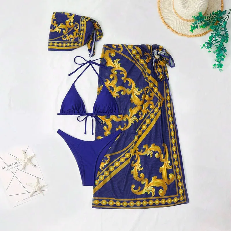 Vintage Print Lace-up Bikini Swimsuit Three-piece Suit - Blue
