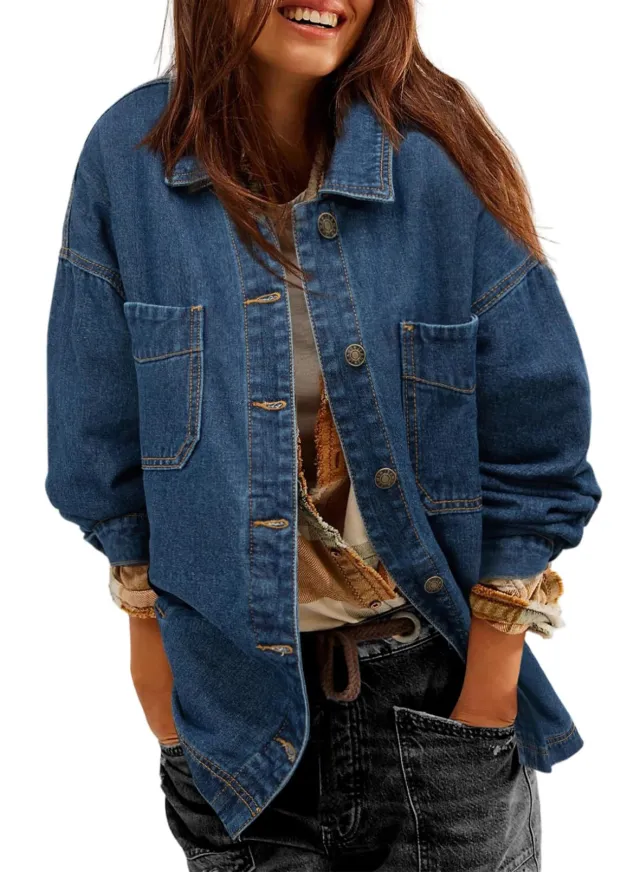 Women's Denim Jacket Large Pocket Button Long Sleeve Split Denim Dark Blue - Shop at LoveMi