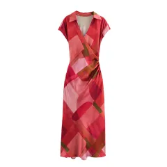 Printed Silk Satin Texture Midi Skirt Dress - View 1