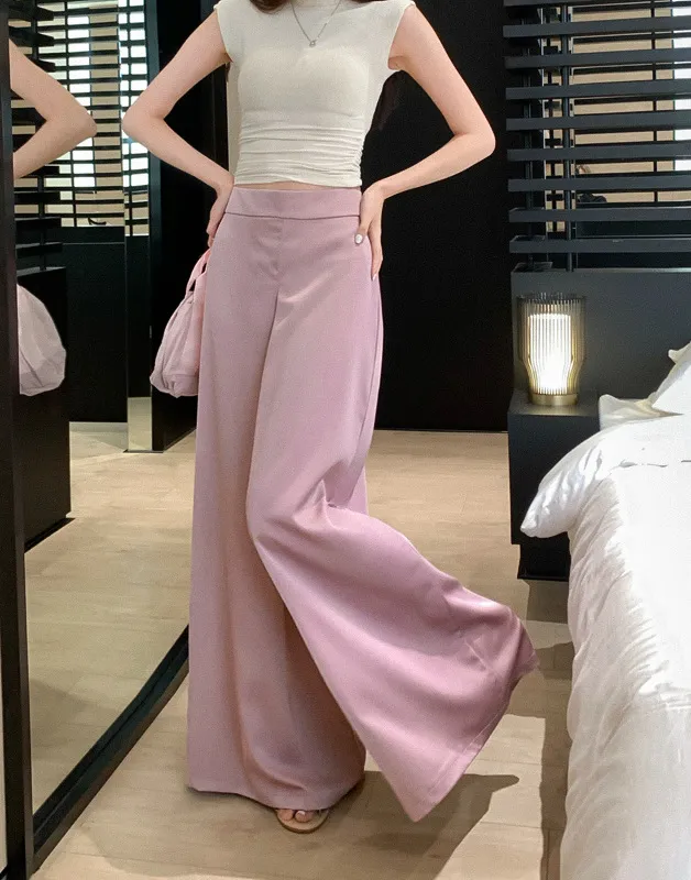 Casual Pants High Waist Acetate Satin Wide Leg Pants For Women Pink - Shop at LoveMi