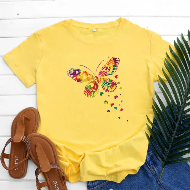Women's Fashion Casual Heart Butterfly Printed Cotton Round Neck Short Sleeve Yellow - Shop at LoveMi