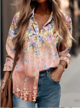 Fashion Shirt Printing Lapel Long Sleeve Women Shirt 4 Xxl - Shop at LoveMi