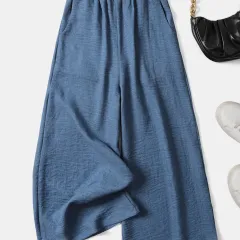 Women's Simple Linen Casual Pants With Elastic Waistband For A Slimming Look - Navy Blue - View 1