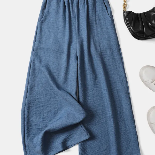 Women's Simple Linen Casual Pants With Elastic Waistband For A Slimming Look Navy Blue - Shop at LoveMi