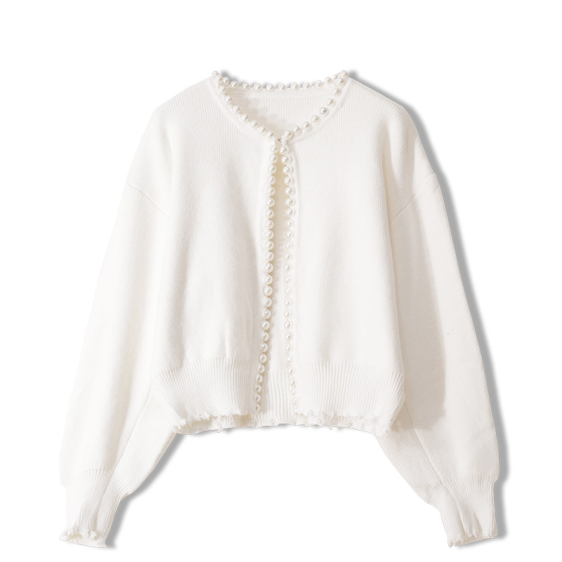 Spring New Classic Style Loose Round Neck Pearl Trim Knitted Short Long-sleeve Cardigan Sweater Women Wholesale