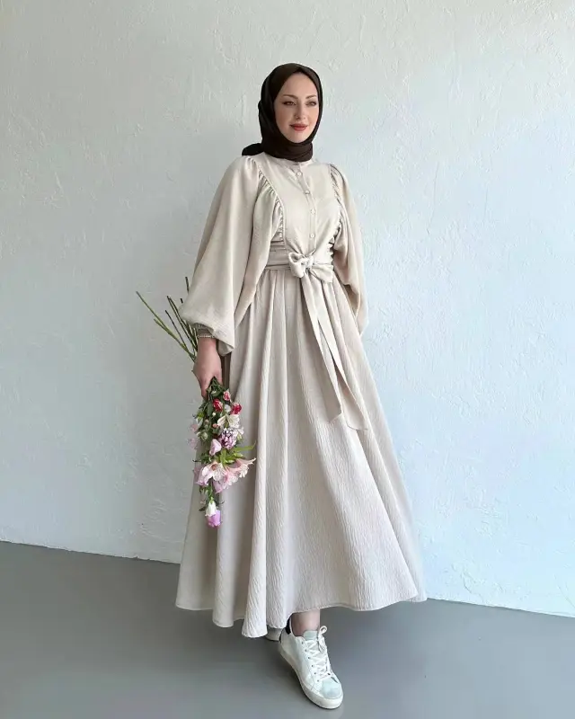 Muslim Fashion Suit Bishop Sleeves Top Swing Mid length Dress Set Apricot - Shop at LoveMi