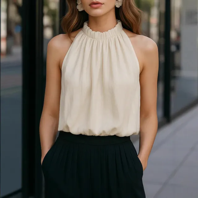Womens Halterneck Sleeveless Tank Top With Off the Shoulder Straps Tan - Shop at LoveMi