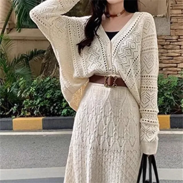 Hollowed out Elegant Socialite Skirt Lace up Two piece Set Beige - Shop at LoveMi