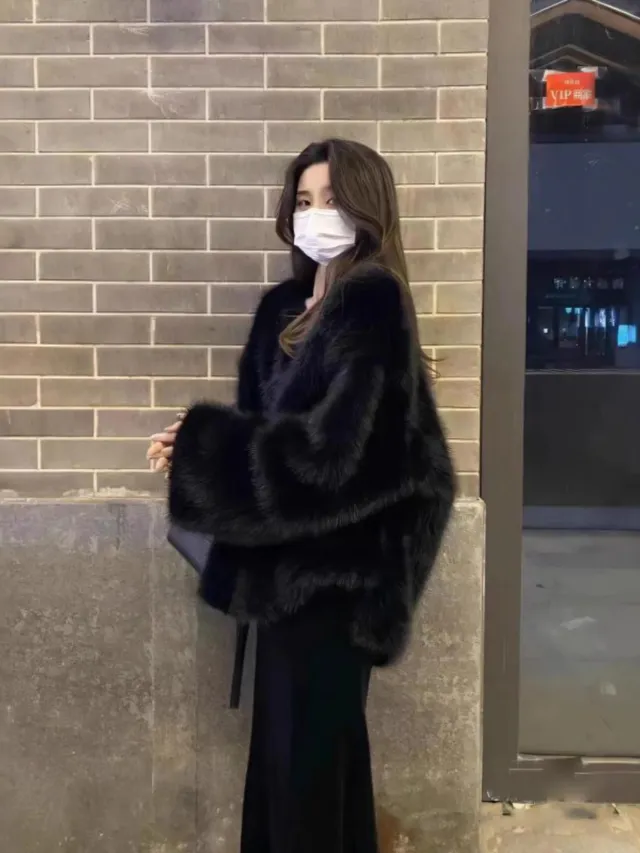 Black Faux Fox Fur Plush Green Fur Coat Black - Shop at LoveMi