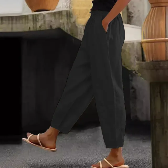 Spring And Autumn New Women's Cotton And Linen Solid Color Fashion Casual Daily Elasticated Slacks Black - Shop at LoveMi